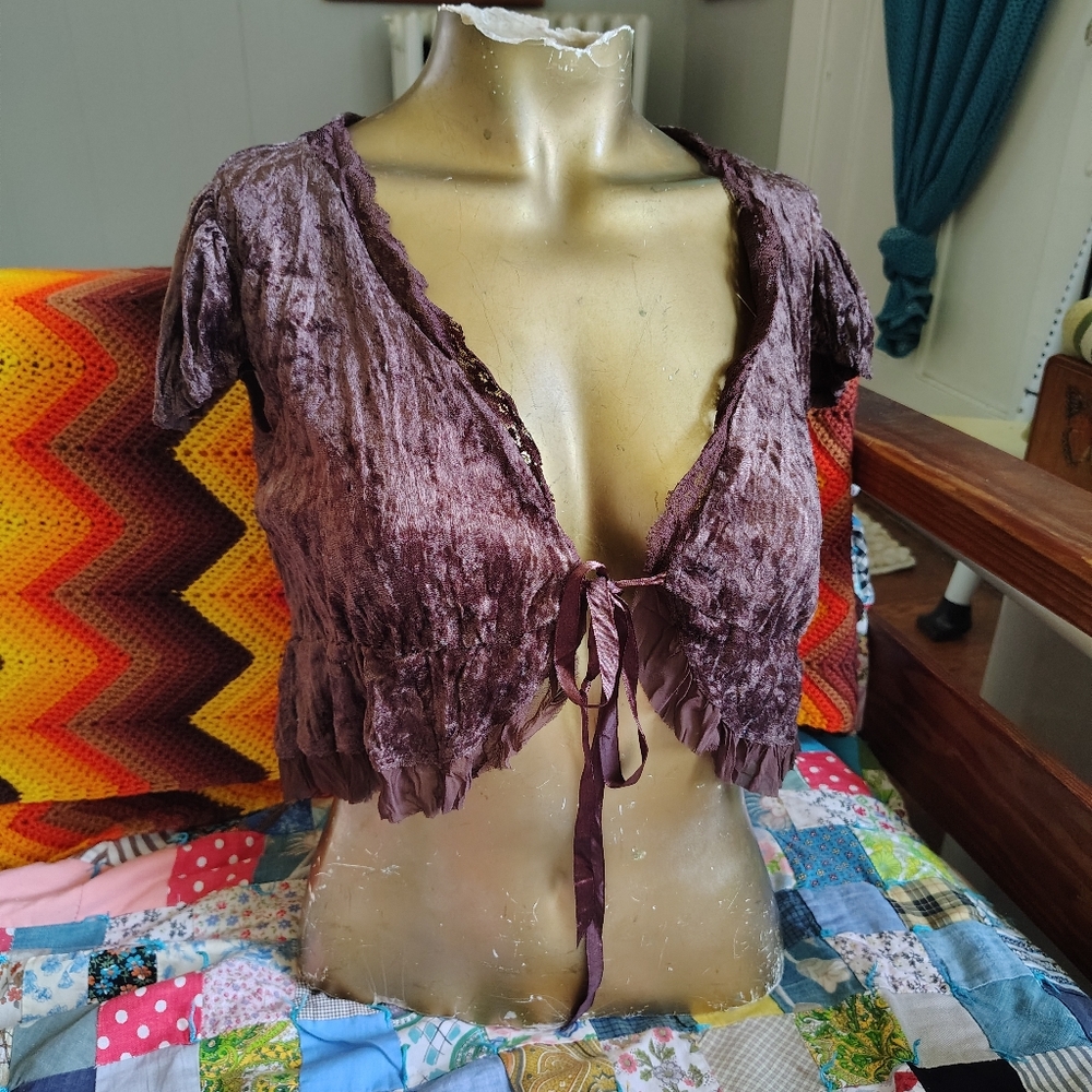 Vintage Y2K Brown Velvet Tie Front Babydoll Top Women's Medium Xhilaration